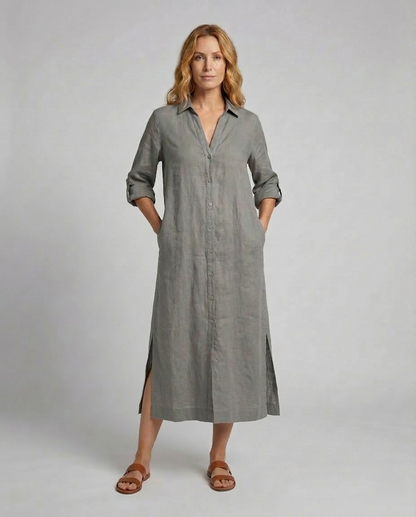 Damen Leinen Maxikleid mit Knöpfen Beige - Norvielle