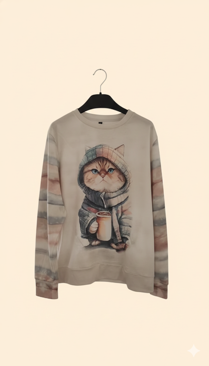 Norvielle Damen Pullover Lockere Passform Baumwollstrick Katzenmotiv