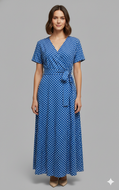 Damen Maxikleid Punkte V-Ausschnitt Bindegürtel