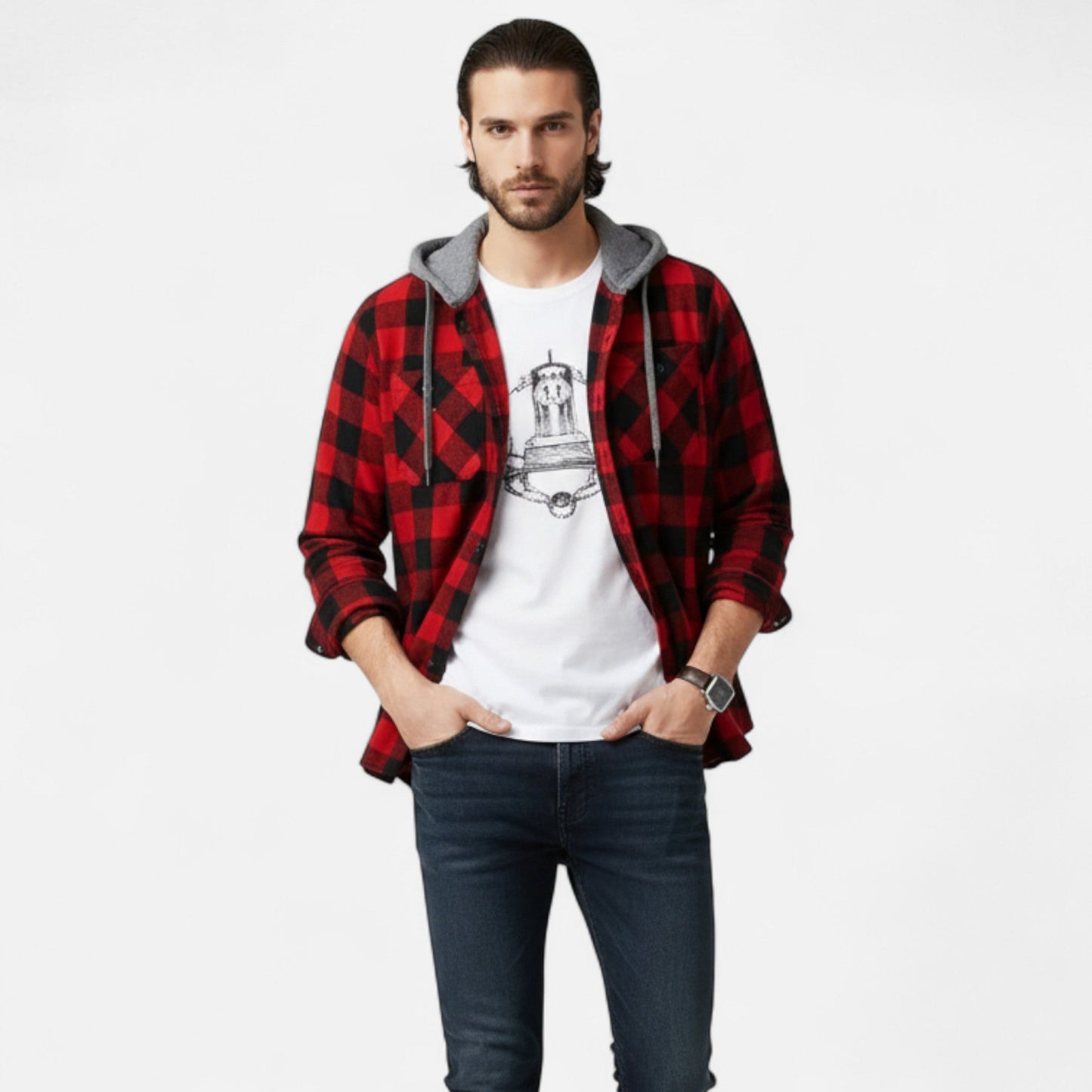 Herren Karo-Hoodie mit Knöpfen und Kordelzug