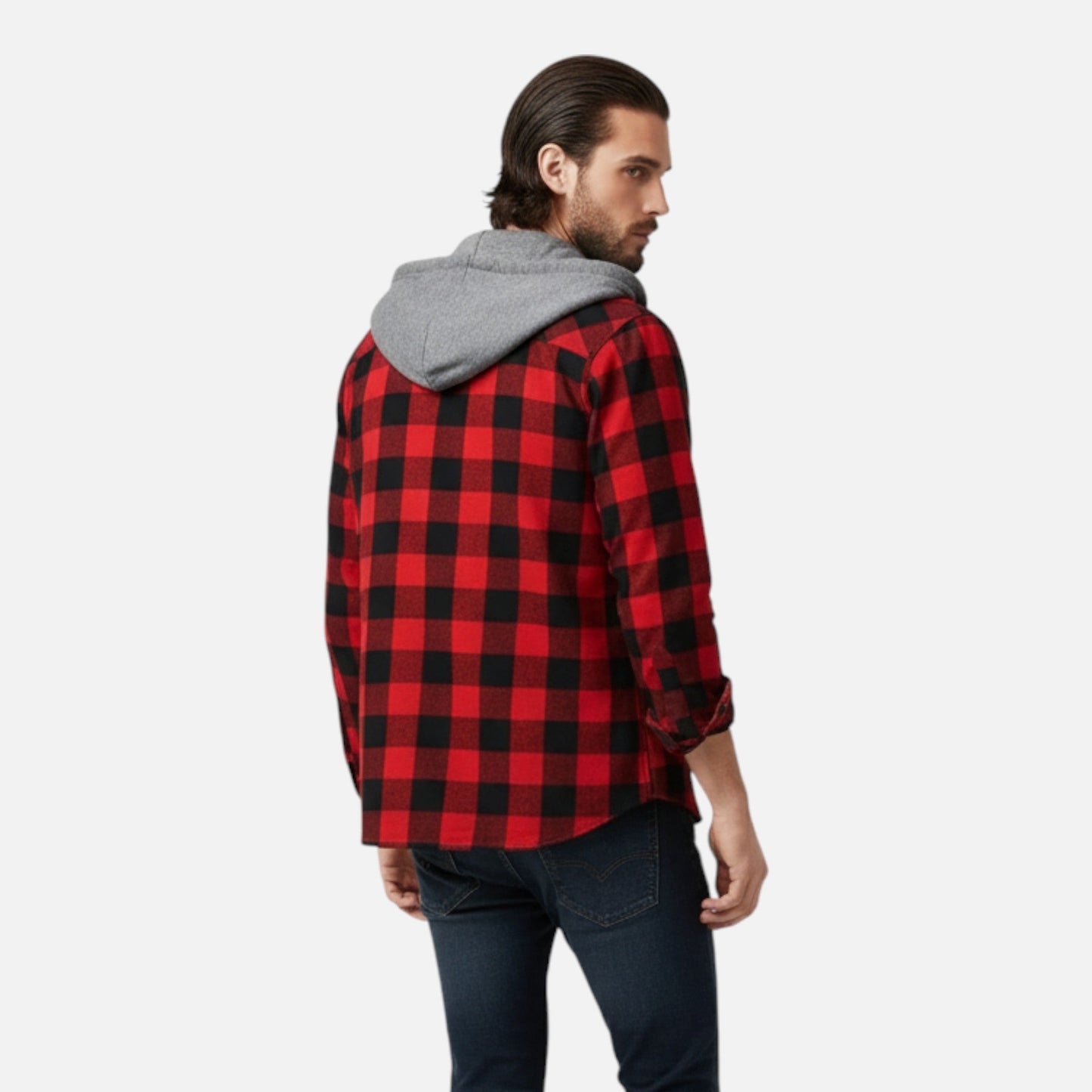 Herren Karo-Hoodie mit Knöpfen und Kordelzug
