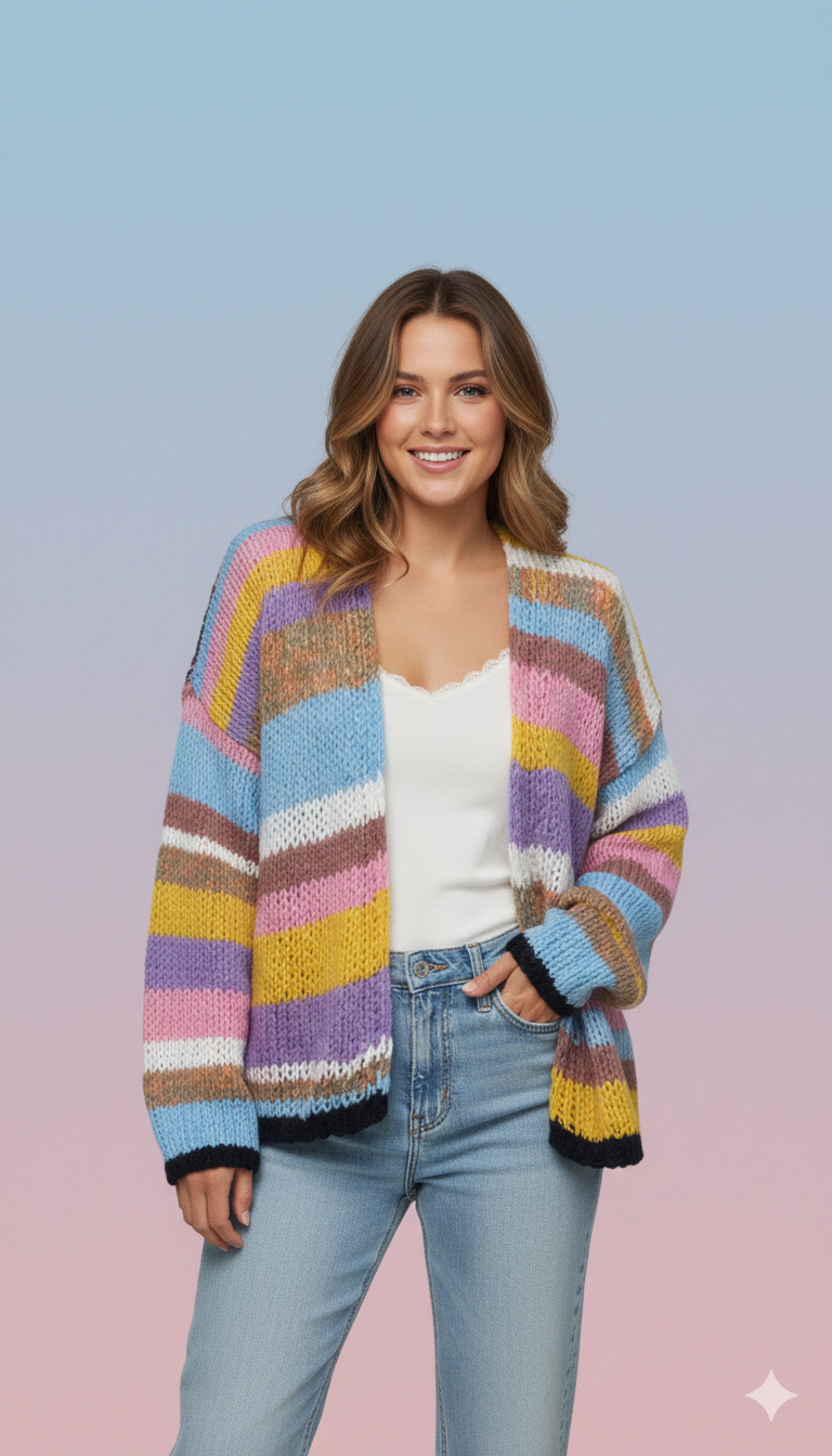 Norvielle Damen Strickpullover Gestreift Offene Vorderseite Mehrfarbig