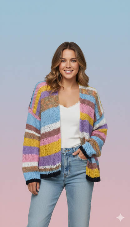 Norvielle Damen Strickpullover Gestreift Offene Vorderseite Mehrfarbig