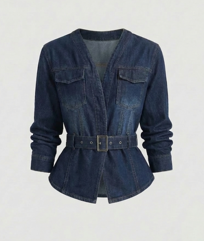 Damen Jeansblazer mit Taillengürtel und Schößchen