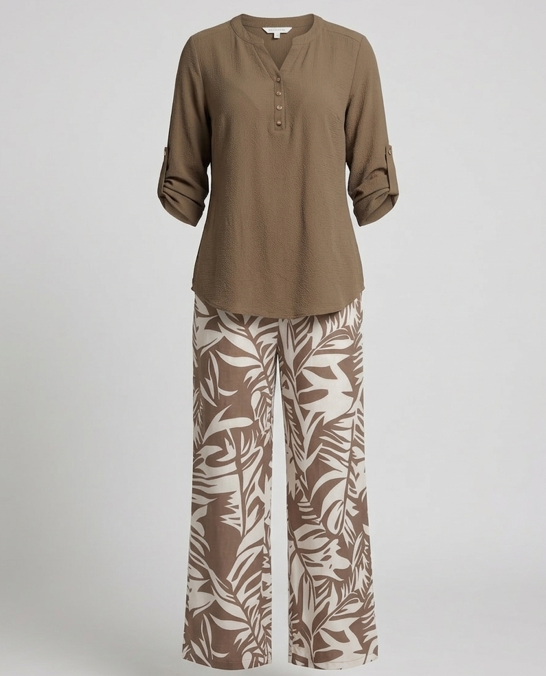 Damen Palazzo Set Blattprint Viskose Bluse