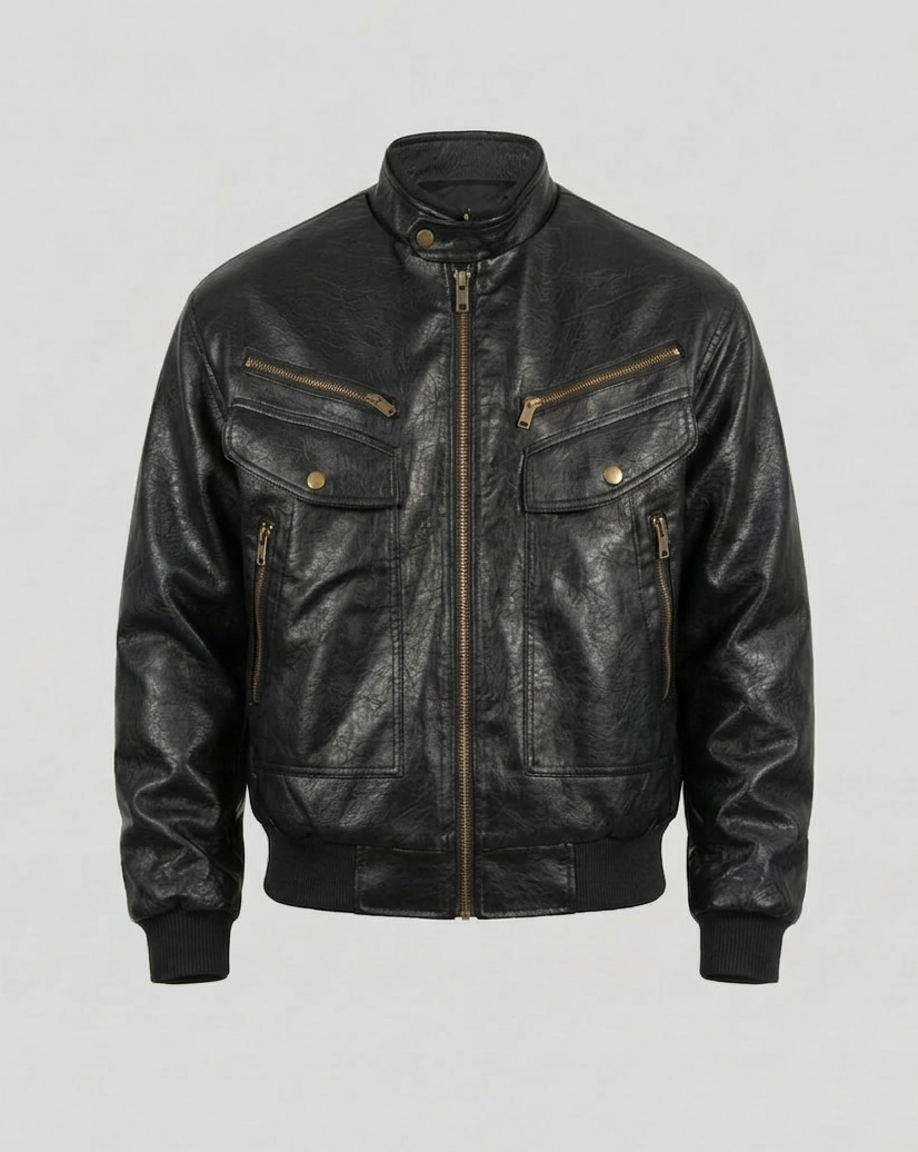 Herren Lederjacke Biker Blouson Stehkragen