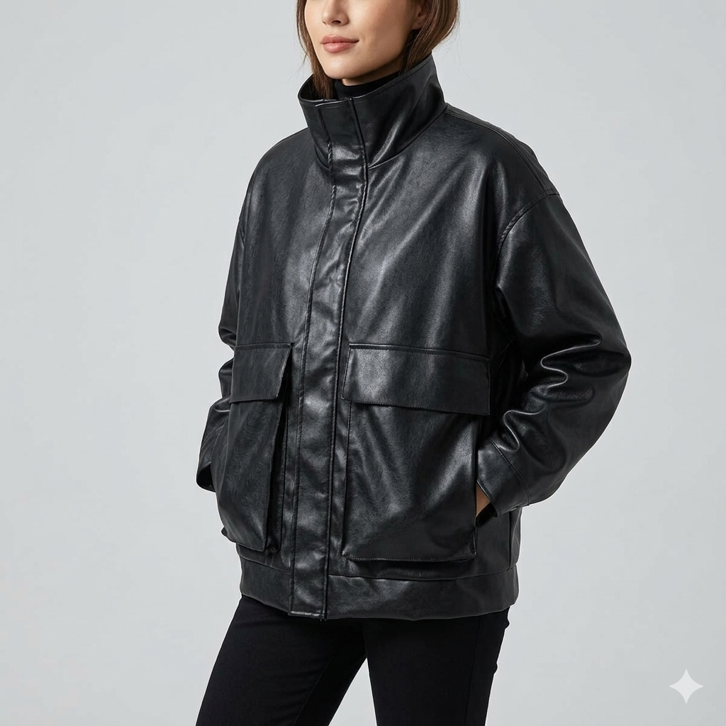 Damen Lederjacke Lässig Mit Taschen