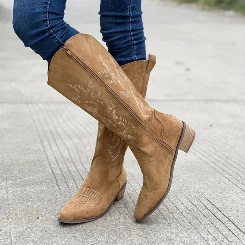 Damen Cowboy Stiefel Wildleder Bestickt Mittlerer Schaft Niedriger - Norvielle