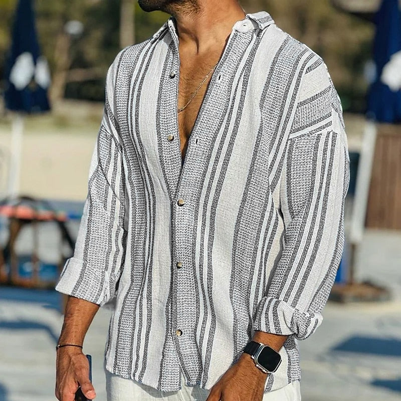 Gestreiftes Hemd - Lange Ärmel - Lose Passform - Leinenhemd - Herren Sommerhemd-Schwarz-S-Chaps Herrenmode