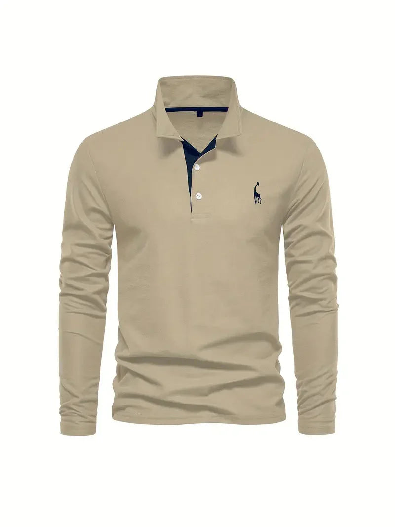 Giraffe Polohemd | Langarmhemd mit Revers für Männer-Khaki-S-Chaps Herrenmode
