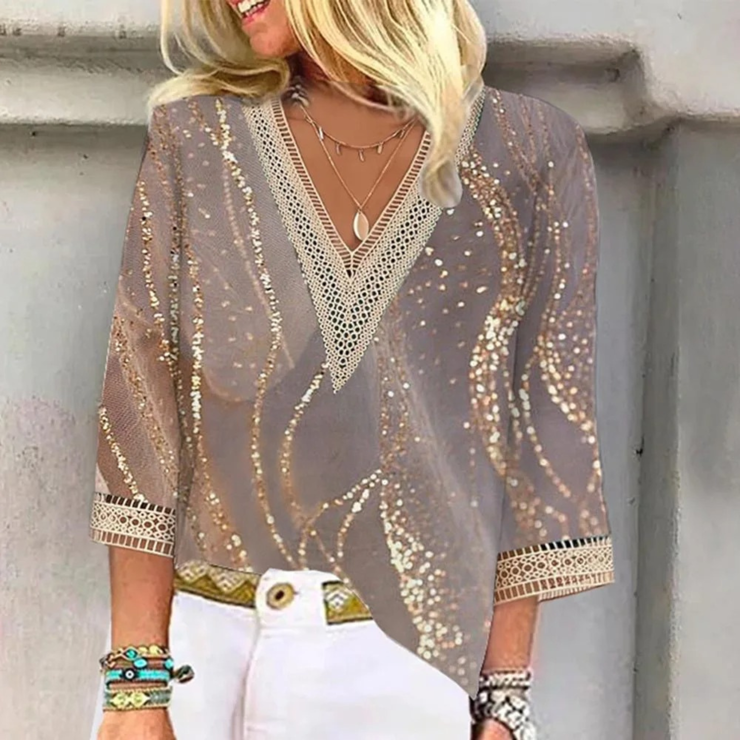 Norvielle Damen Bluse V-Ausschnitt Glänzend - Norvielle