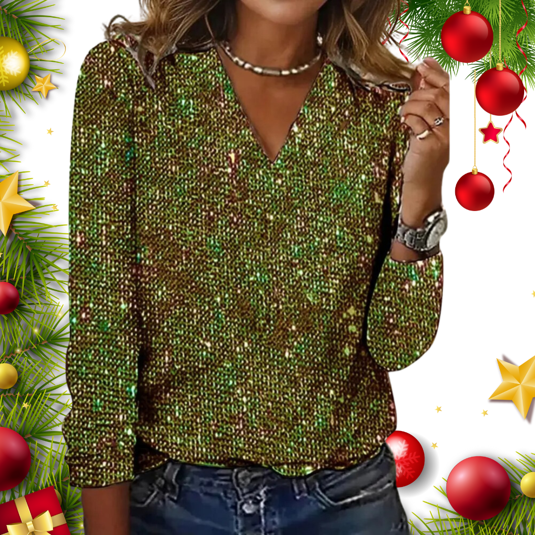 Damen Glitzerbluse V-Ausschnitt Langarm - Norvielle