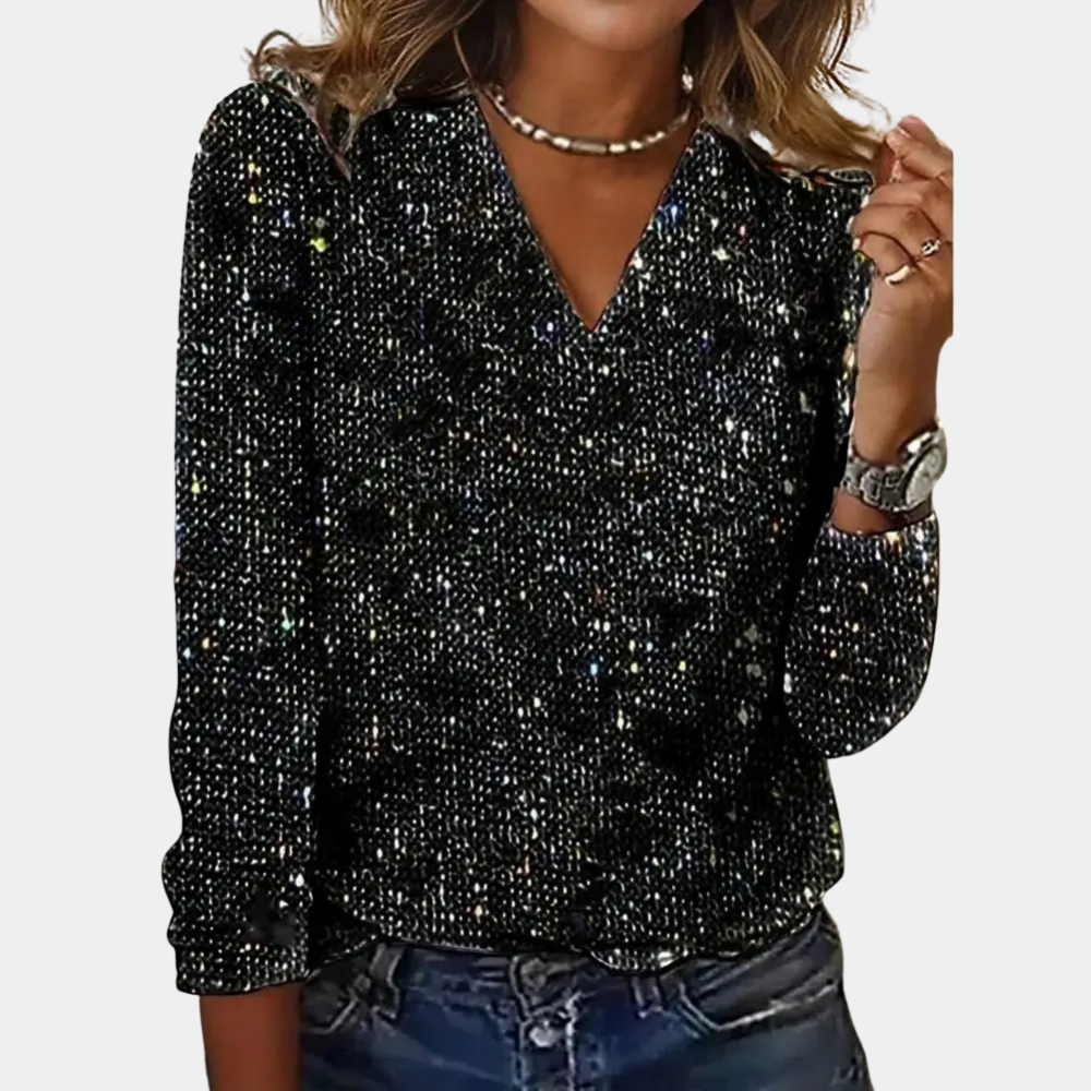 Damen Glitzerbluse V-Ausschnitt Langarm