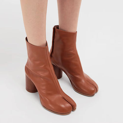 Damen Lederoptik Stiefeletten Geteilter Zehenpartie Blockabsatz
