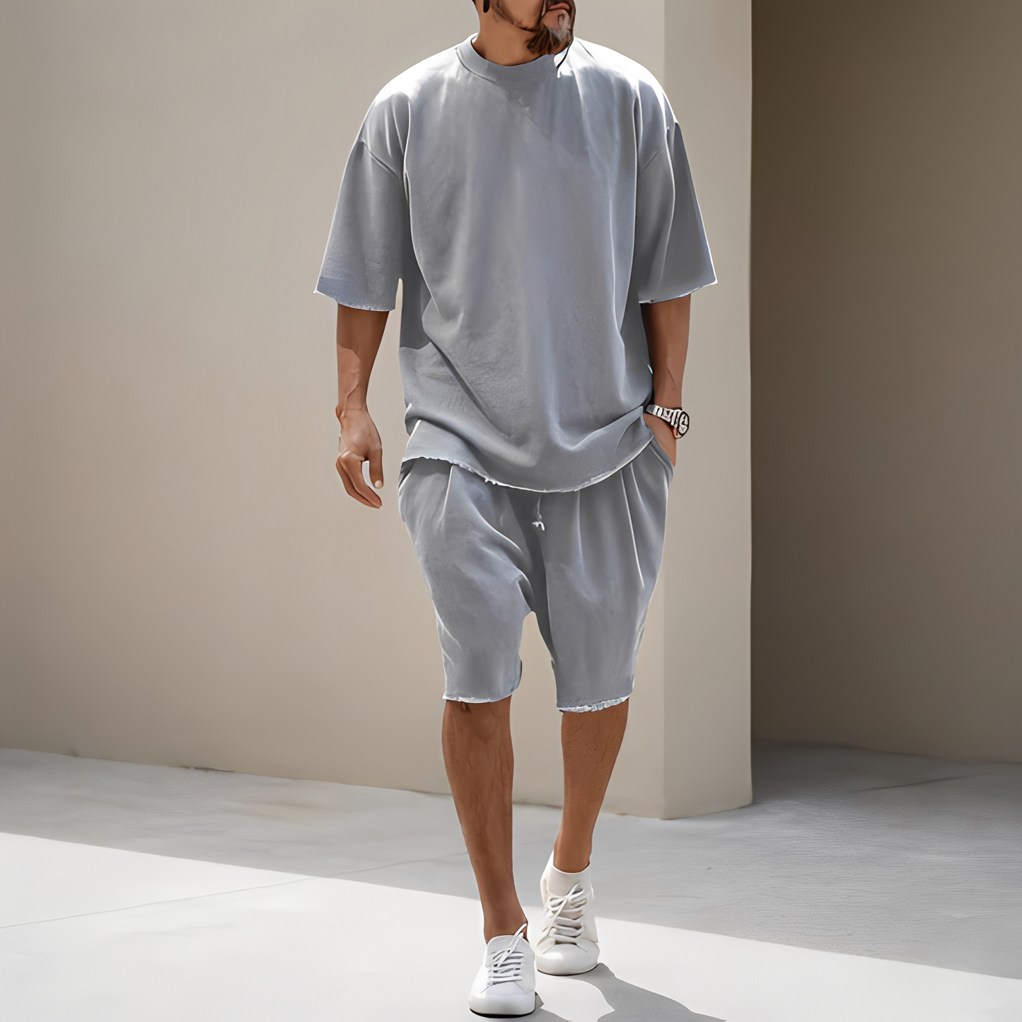 Männer Weites Sommer-Set Angelo Leicht Baumwolle Beige