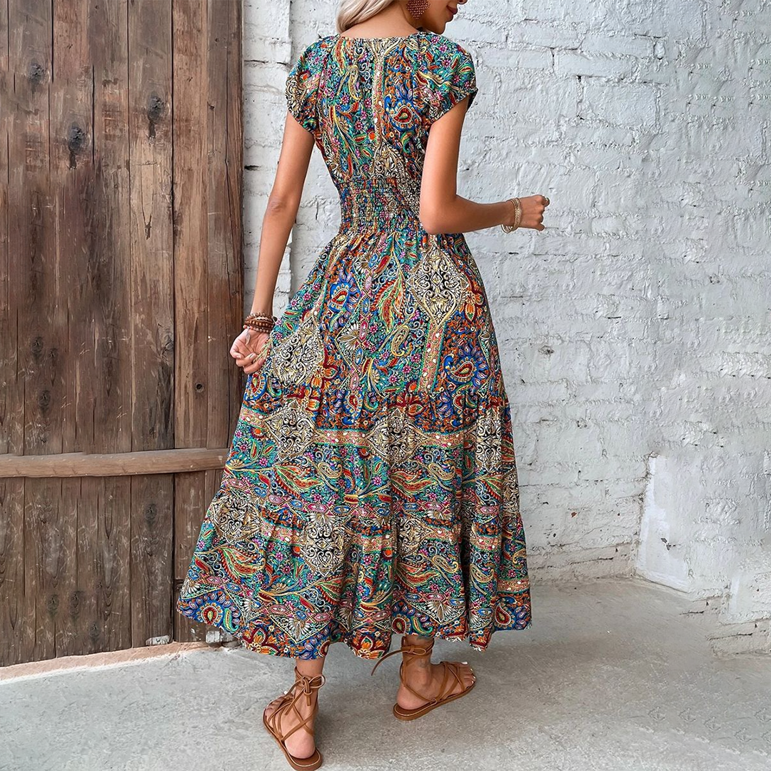 Damen Boho Maxikleid V-Ausschnitt Kurzarm Tailliert Farbprint