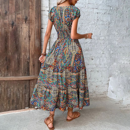 Damen Boho Maxikleid V-Ausschnitt Kurzarm Tailliert Farbprint
