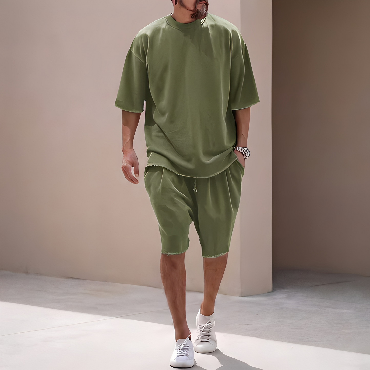 Männer Weites Sommer-Set Angelo Leicht Baumwolle Beige