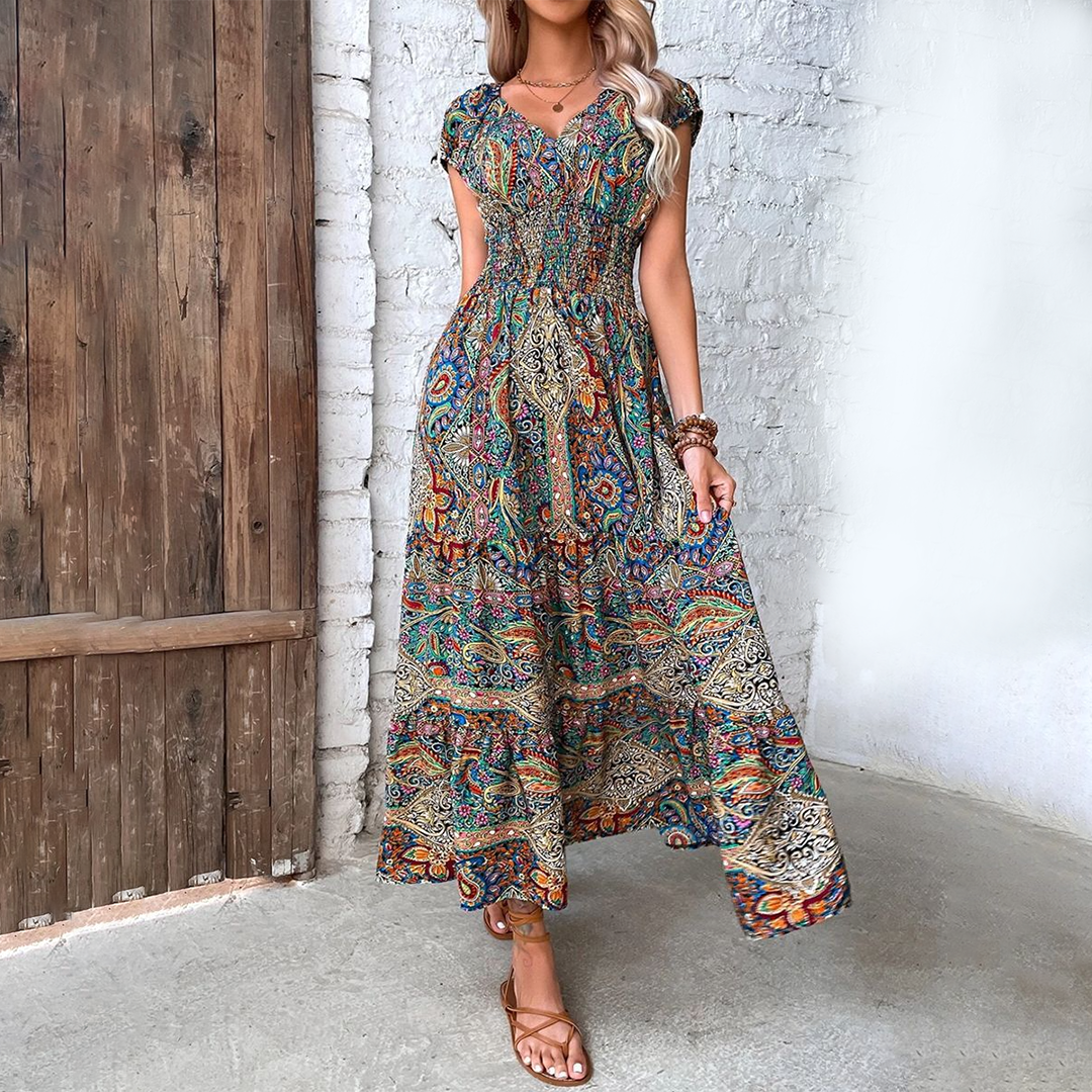 Damen Boho Maxikleid V-Ausschnitt Kurzarm Tailliert Farbprint