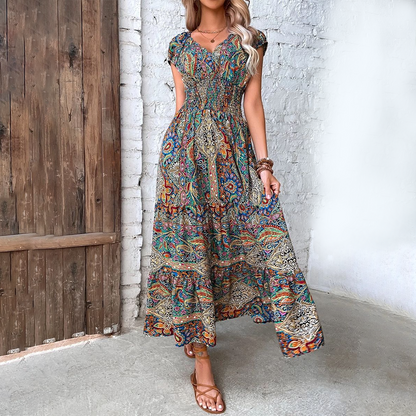 Damen Boho Maxikleid V-Ausschnitt Kurzarm Tailliert Farbprint