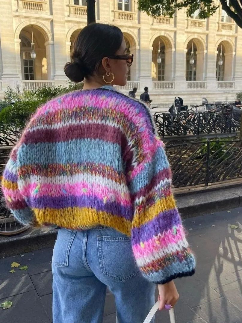 Norvielle Damen Strickpullover Gestreift Offene Vorderseite Mehrfarbig - Norvielle