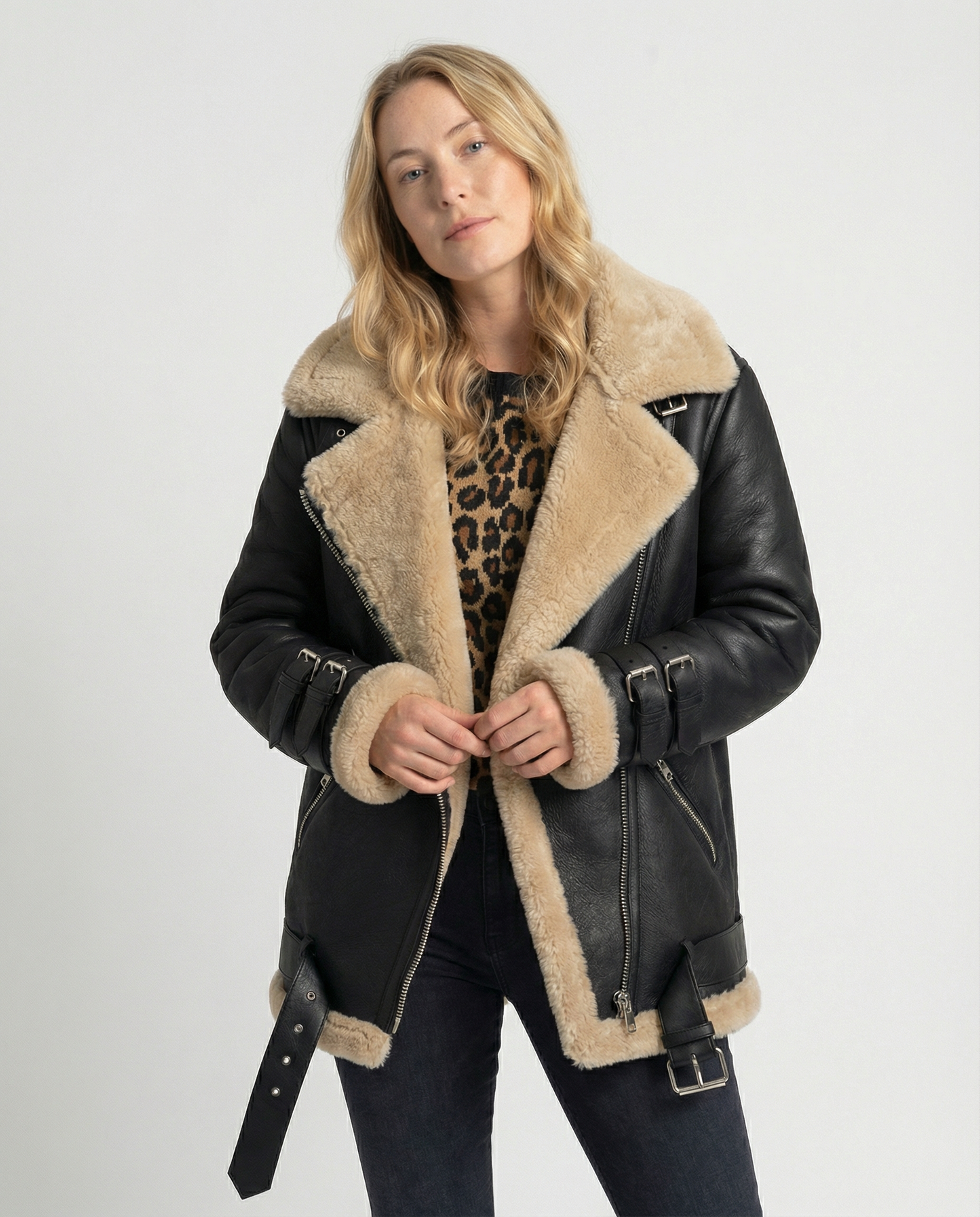 Gefütterte Damen Bikerjacke Schwarz Leder - Norvielle