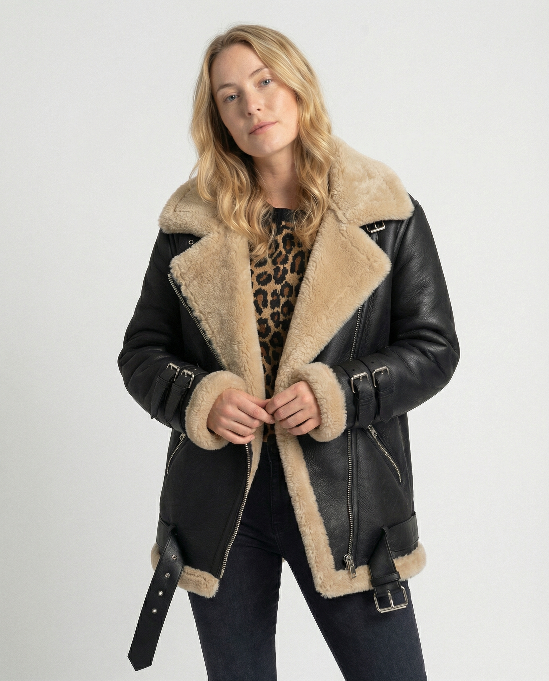 Gefütterte Damen Bikerjacke Schwarz Leder - Norvielle