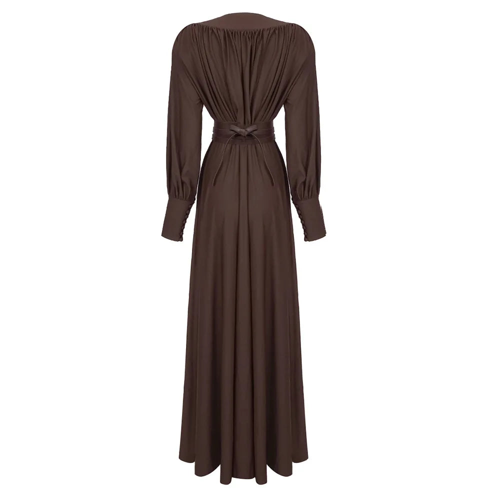 Elegantes Damen Maxi-Kleid V-Ausschnitt Breites Taillenband