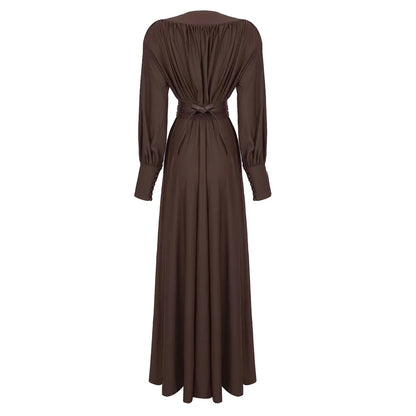 Elegantes Damen Maxi-Kleid V-Ausschnitt Breites Taillenband