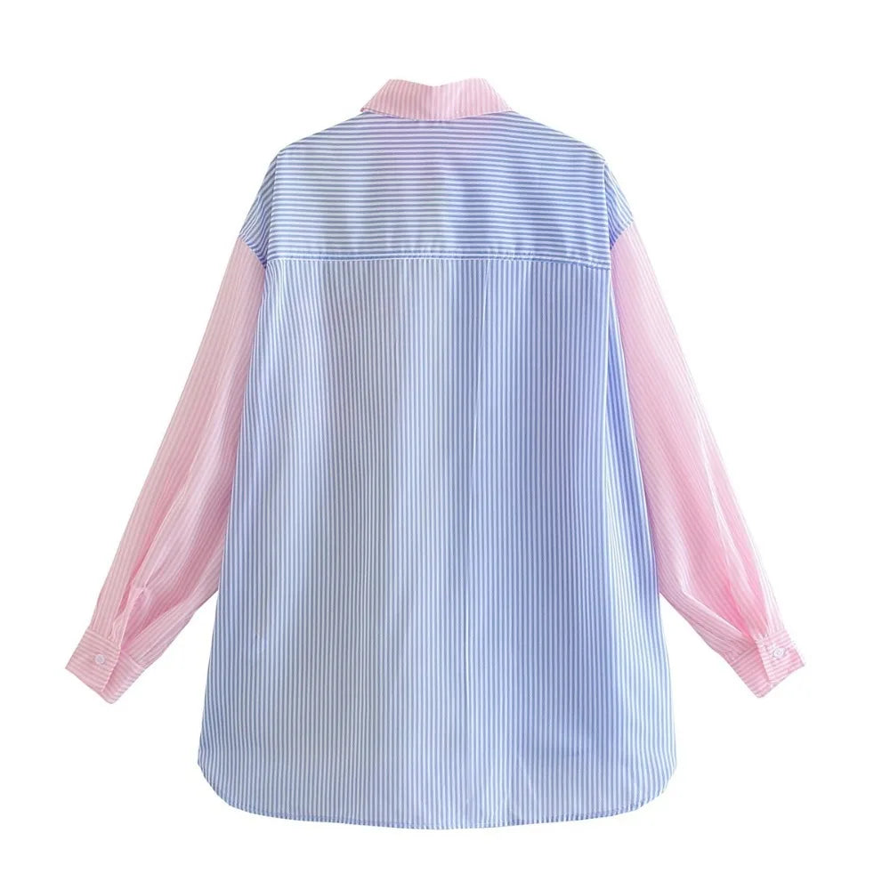 Damen Oversize Bluse Reverskragen Mehrfarbig Streifen