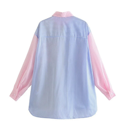 Damen Oversize Bluse Reverskragen Mehrfarbig Streifen
