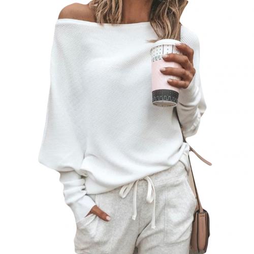 Damen Off-Shoulder Pullover Gerippter Strick Oversized Langärmlig