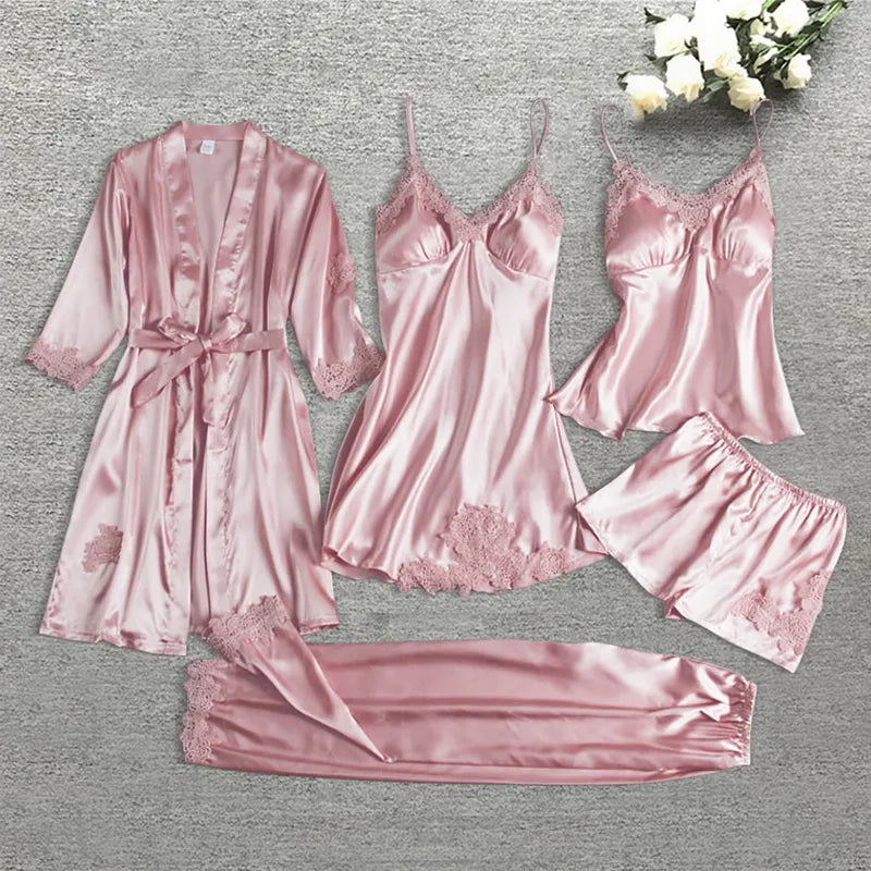 Norvielle Damen Seiden-Schlafbademantel-Set 5-teilig