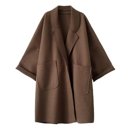 Damen Oversized Wollmantel Lang Offen mit Taschen