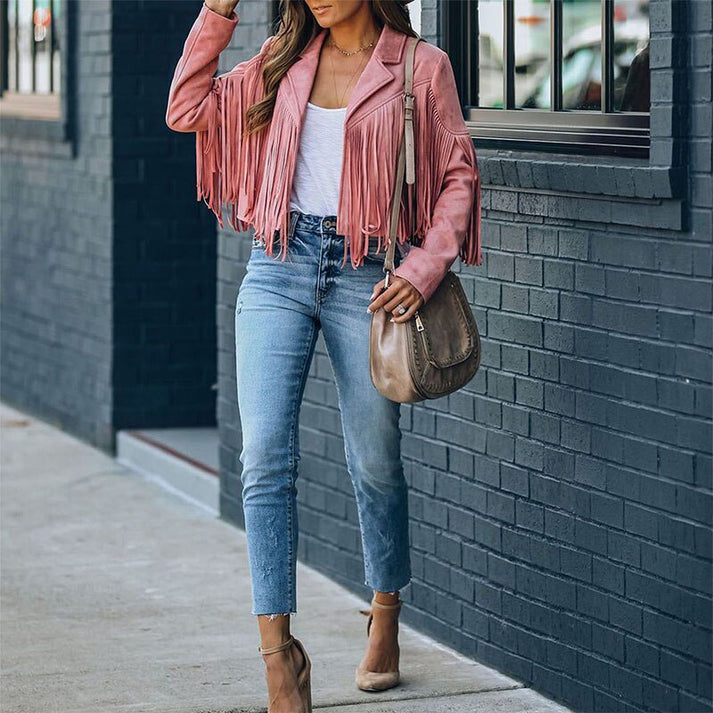 Damen Fransenmantel Westernstil Leder