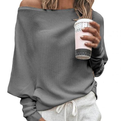 Damen Off-Shoulder Pullover Gerippter Strick Oversized Langärmlig - Norvielle
