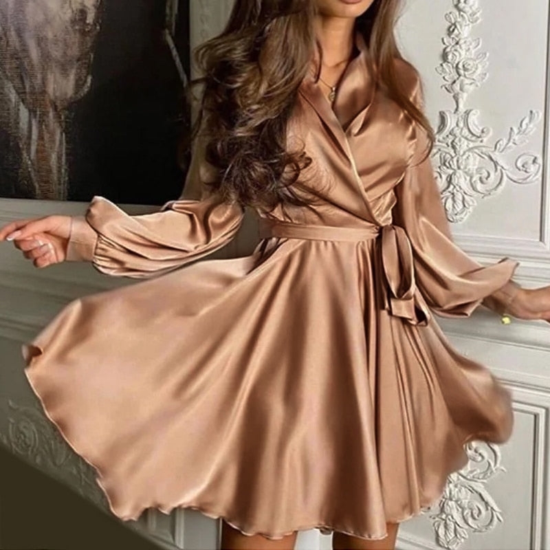 Damen Satin Kleid Lange Ärmel Mit Rüschen