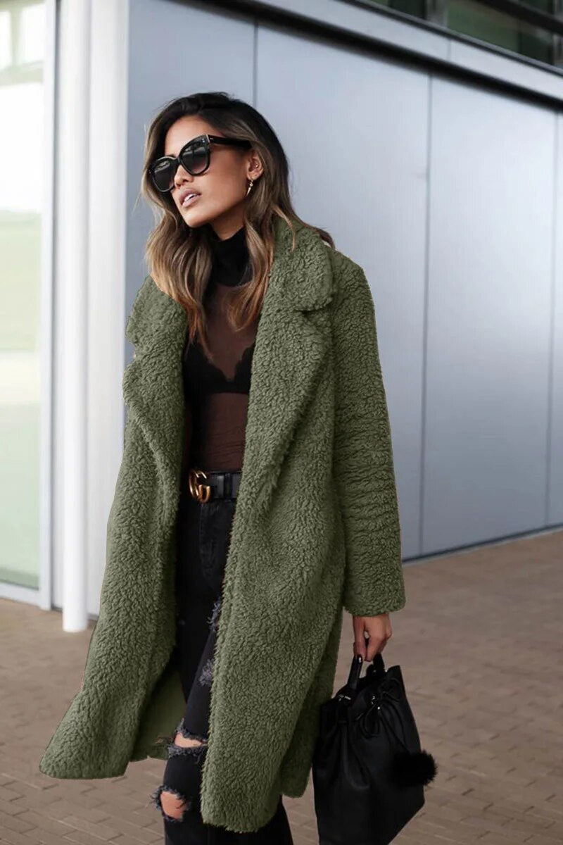 Damen Teddy Plüschmantel Lang mit Winterfutter
