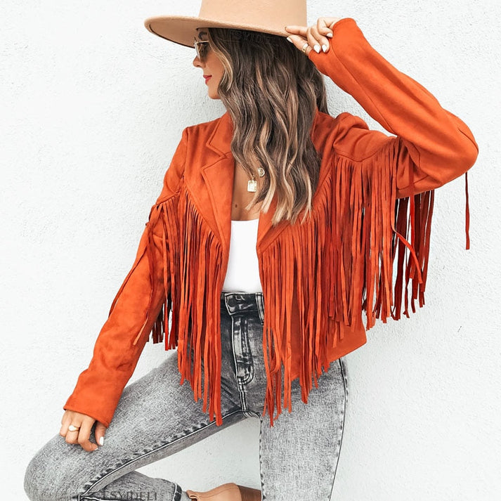 Damen Fransenmantel Westernstil Leder