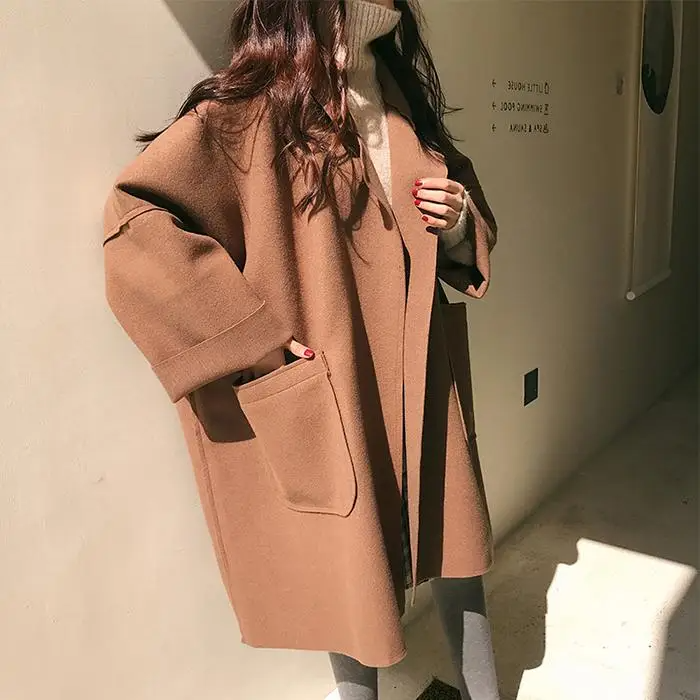 Damen Oversized Wollmantel Lang Offen mit Taschen - Norvielle