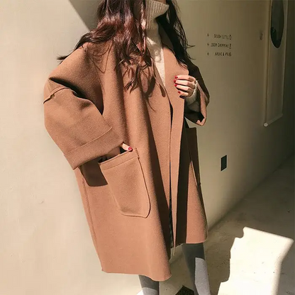 Damen Oversized Wollmantel Lang Offen mit Taschen - Norvielle