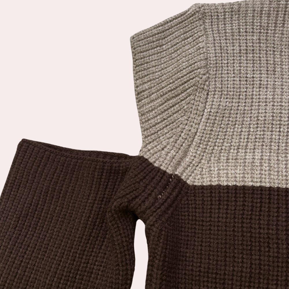 Damen Strickpullover Cut-Out Ärmel Zweifarben Rundhals