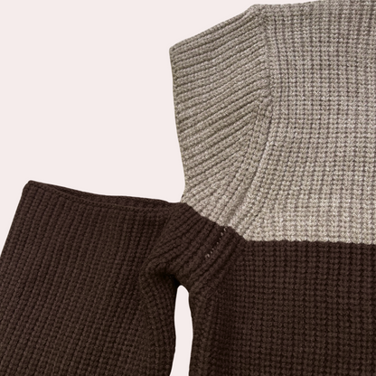 Damen Strickpullover Cut-Out Ärmel Zweifarben Rundhals