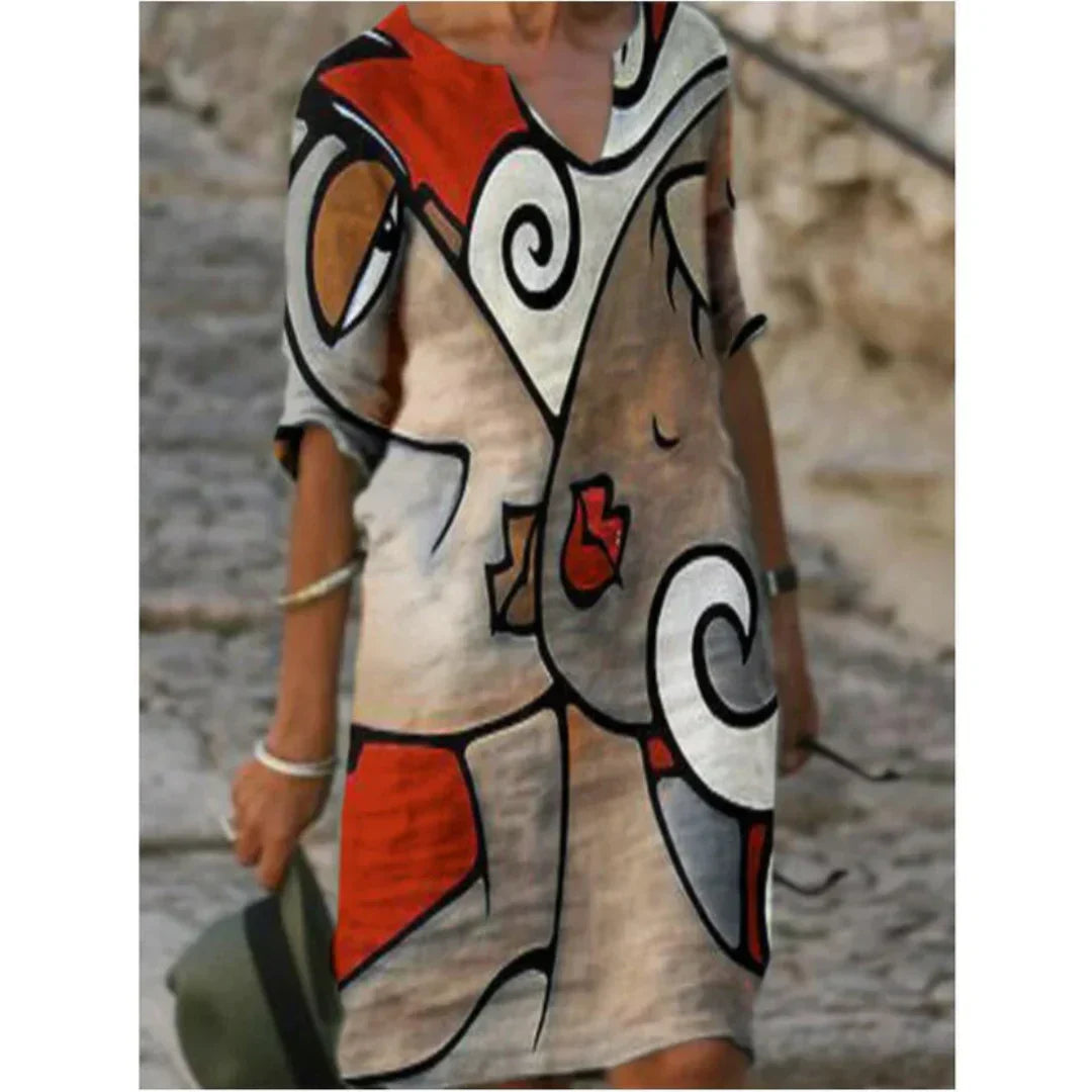 Damen Langarm Shift Kleid Abstraktes Muster