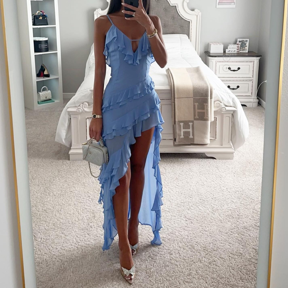 Damen Chiffon Kleid Blau Hochgeschlitzt - Norvielle