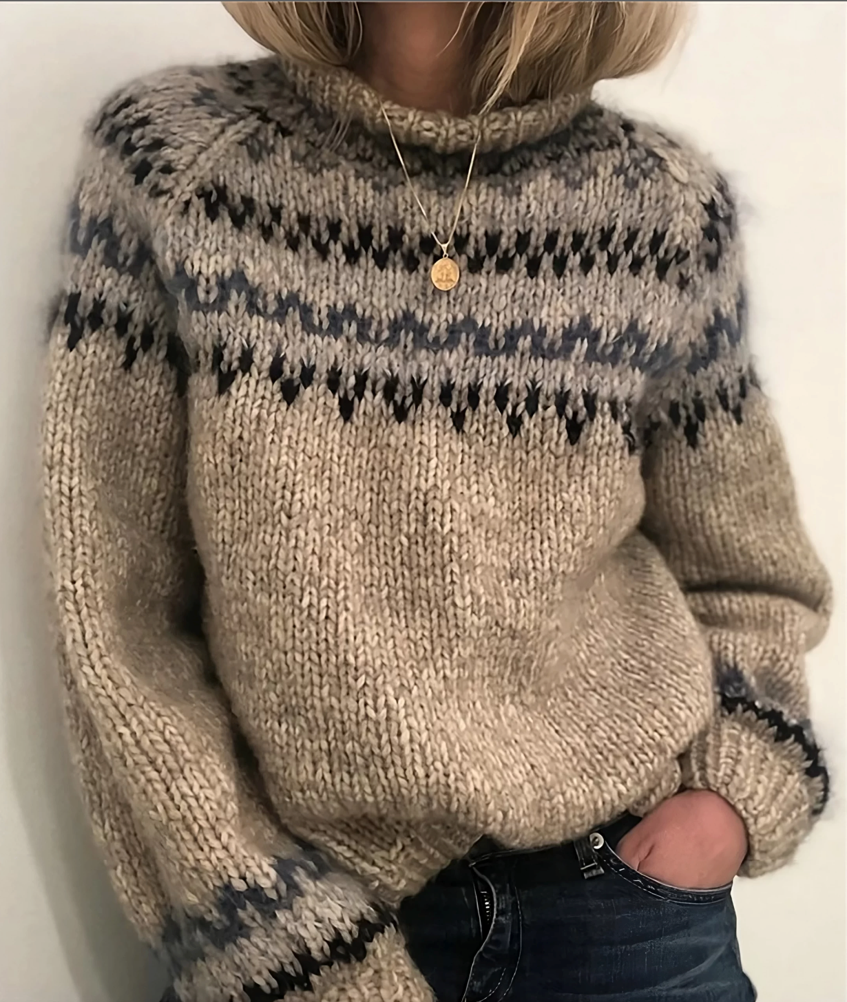 Damen Rollkragenpullover Norwegermuster Warm