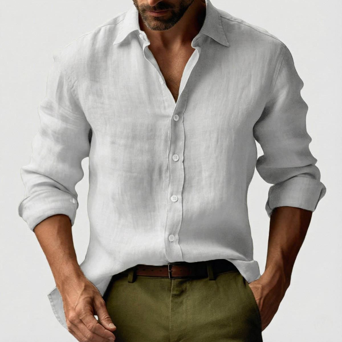Herren Leinenhemd Langarm Lässig Knopfleiste Beige