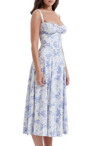 Damen Midikleid mit Corsagen- Blumenprint -Weiß