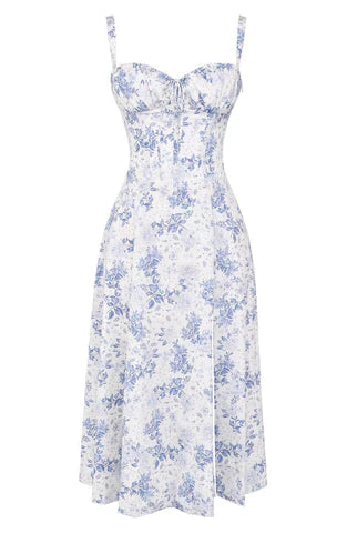 Damen Midikleid mit Corsagen- Blumenprint -Weiß