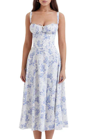 Damen Midikleid mit Corsagen- Blumenprint -Weiß